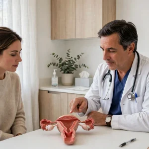 Una especialista en ginecología explicando detalladamente una ilustración anatómica del útero a una paciente sonriente y tranquila en una consulta médica.