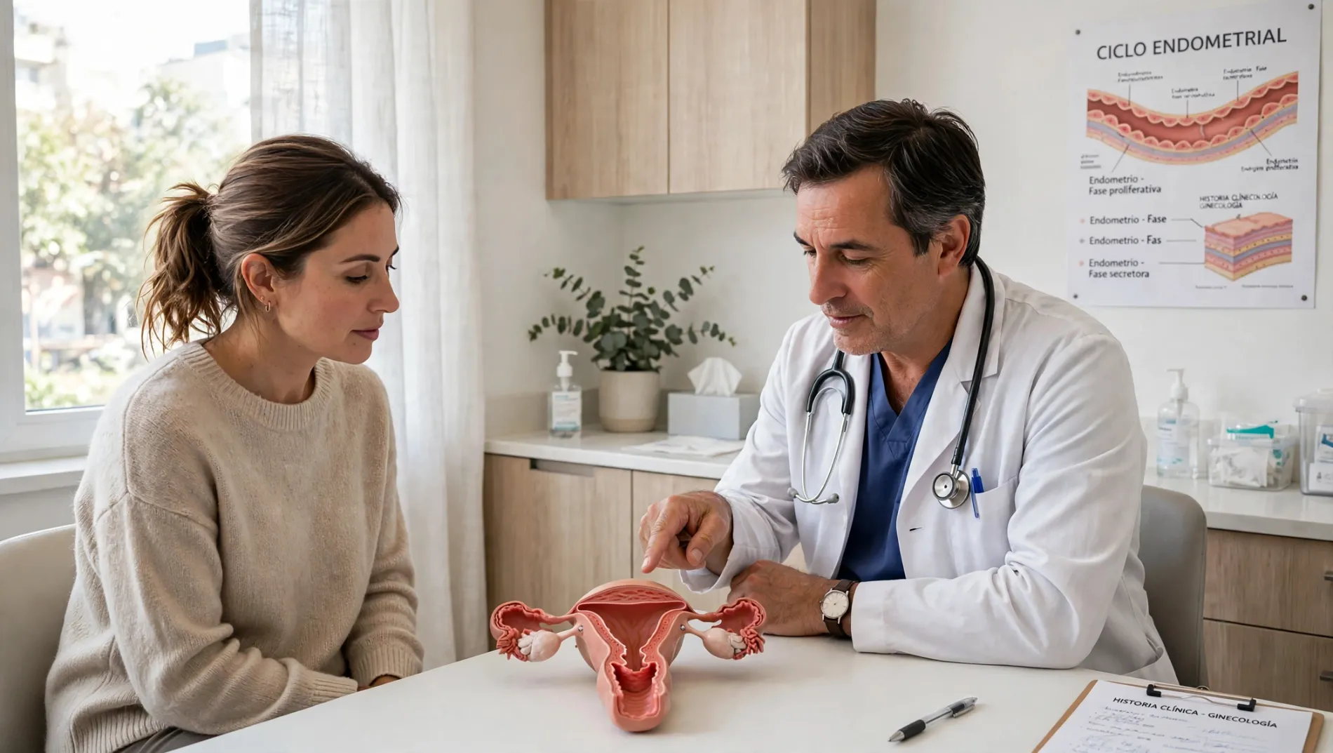 Una especialista en ginecología explicando detalladamente una ilustración anatómica del útero a una paciente sonriente y tranquila en una consulta médica.